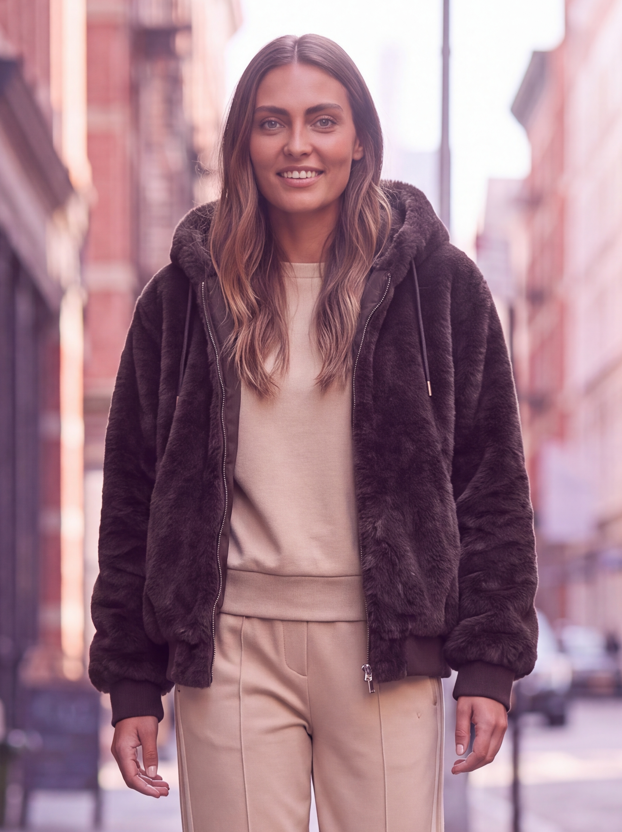 Dámska kožušinová bunda s kapucňou BROADWAY NYC FASHION ESPRESSO - Tmavohnedá s.WEAR 4